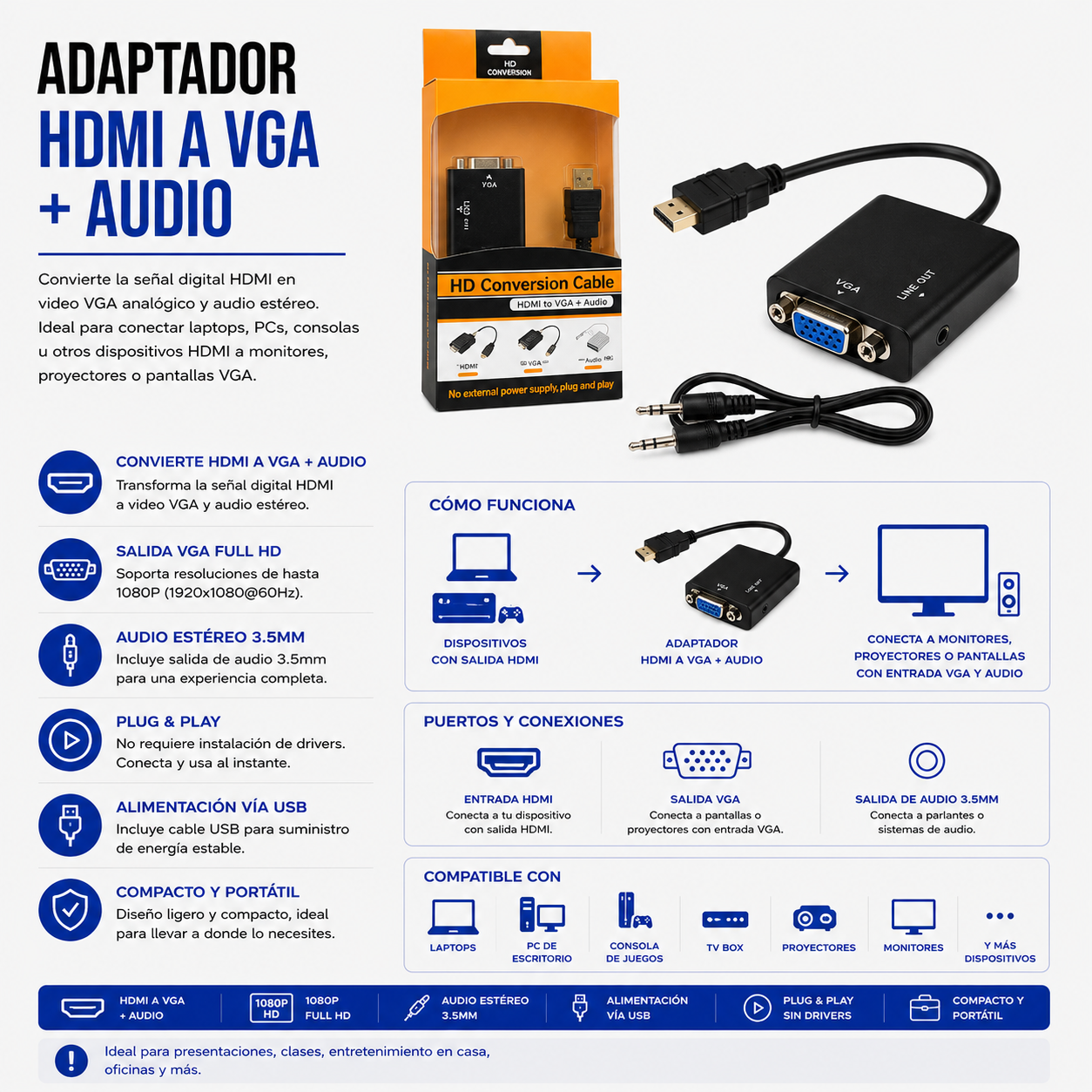 Adaptador HDMI a VGA con Salida de Audio