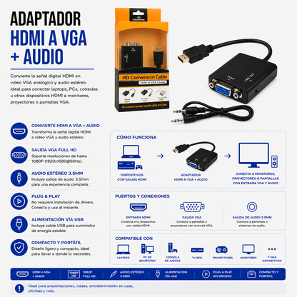 Adaptador HDMI a VGA con Salida de Audio