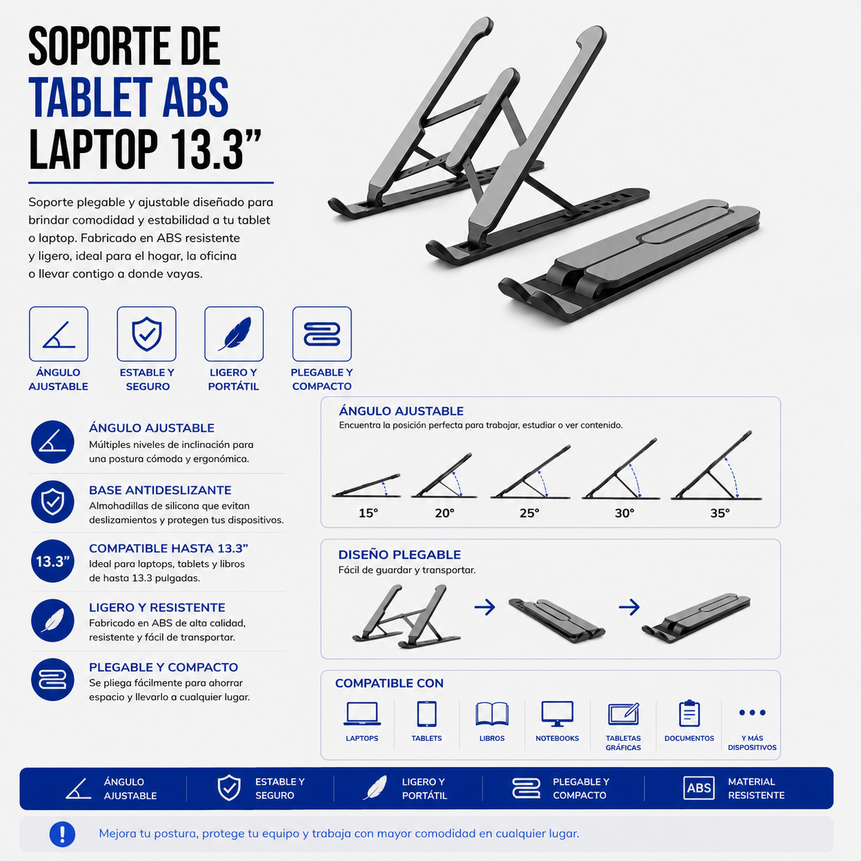 Soporte Plegable de ABS para Tablet y Laptop hasta 13.3"