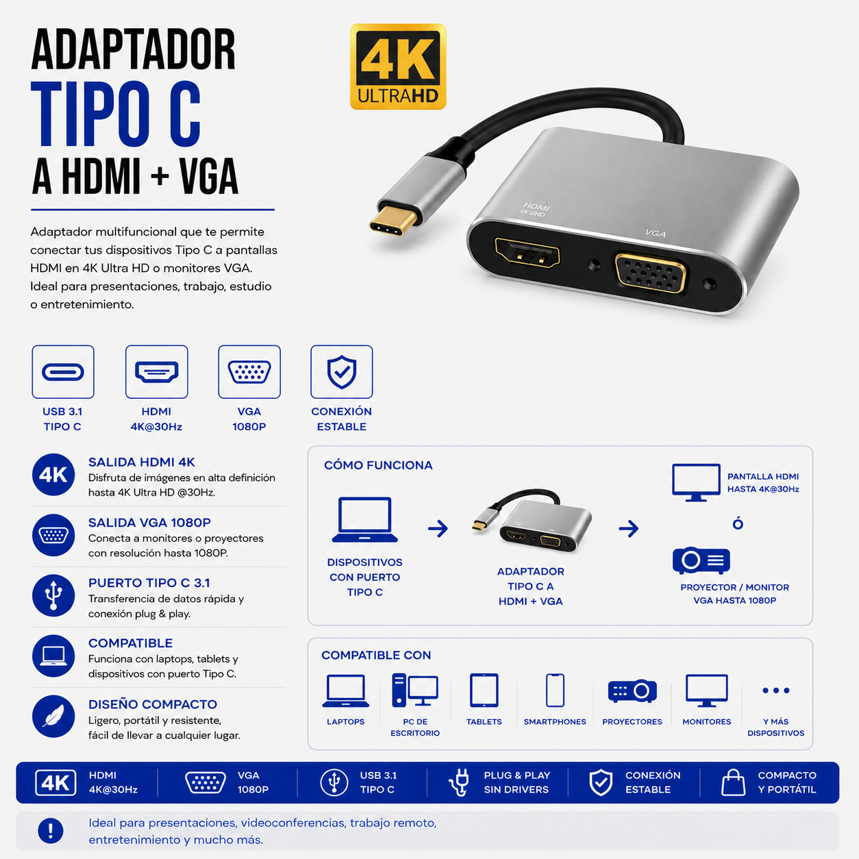 Adaptador USB Tipo-C a HDMI + VGA 4K