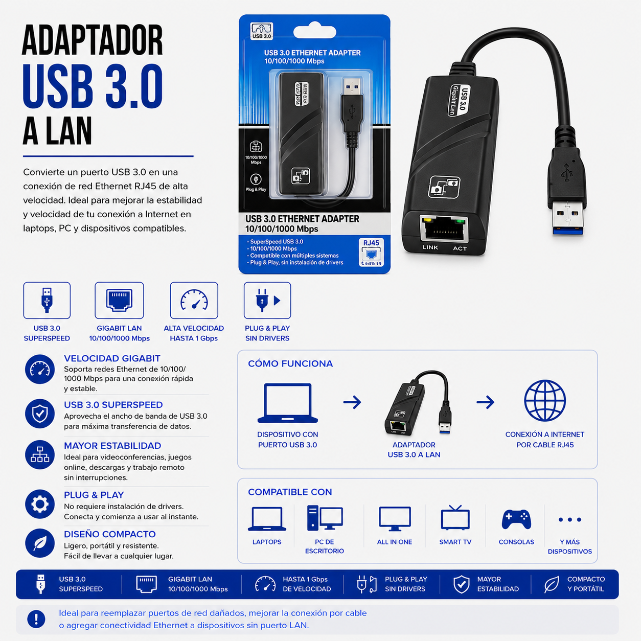 Adaptador USB 3.0 a LAN Gigabit Ethernet