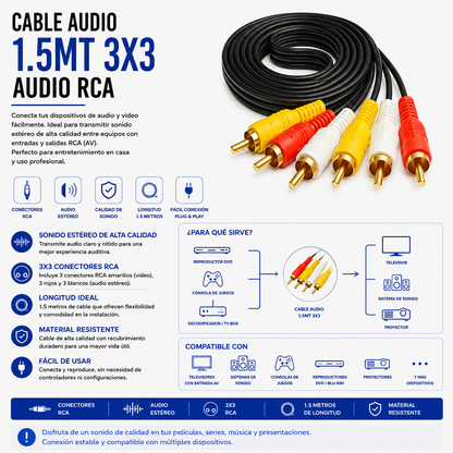 Cable de Audio y Video RCA 3x3 – 1.5 Metros
