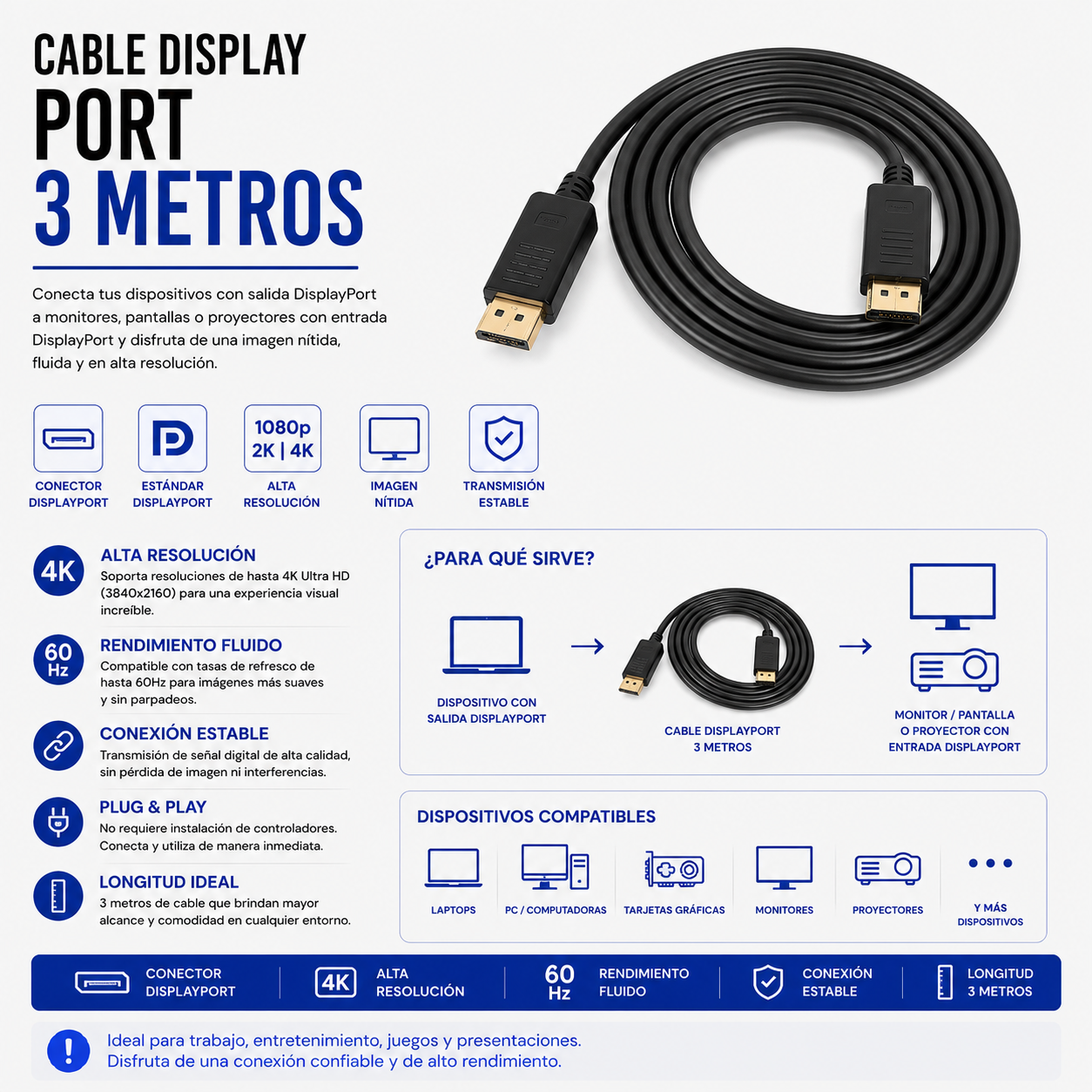 Cable DisplayPort 3 Metros