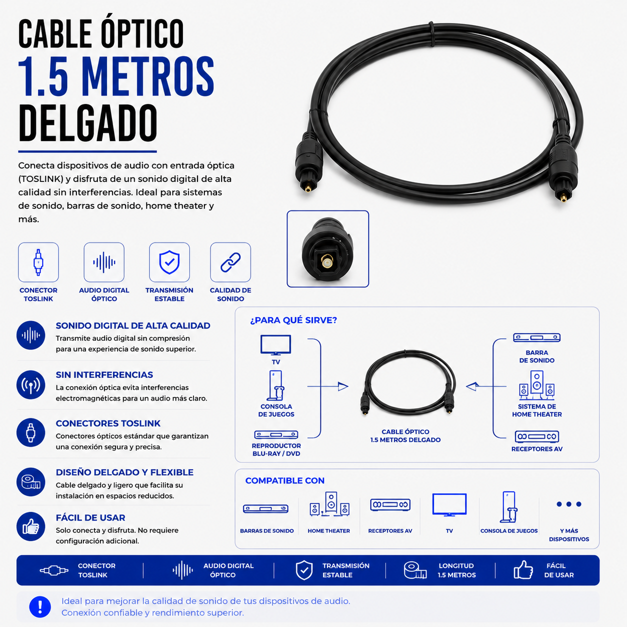 Cable Óptico de Audio TOSLINK 1.5 Metros Delgado