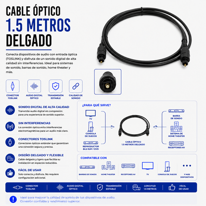 Cable Óptico de Audio TOSLINK 1.5 Metros Delgado