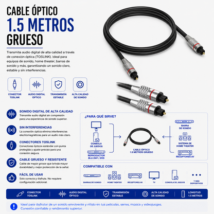 Cable Óptico de Audio TOSLINK 1.5 Metros Grueso