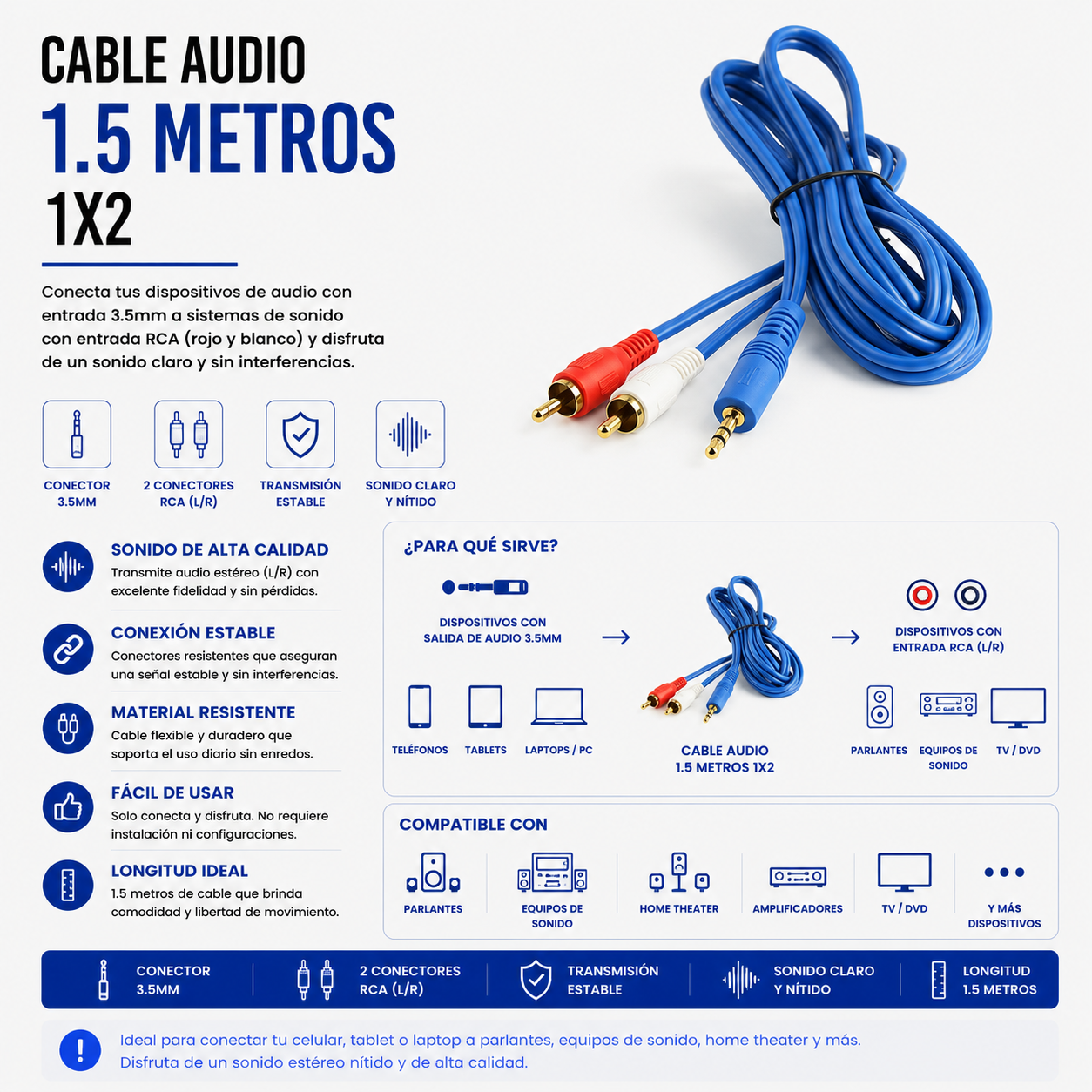 Cable de Audio 3.5 mm a 2 RCA – 1.5 Metros