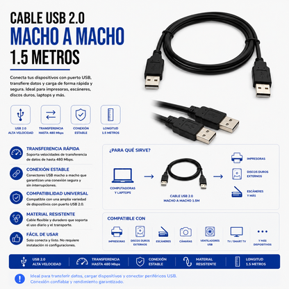 Cable USB 2.0 Macho a Macho – 1.5 Metros