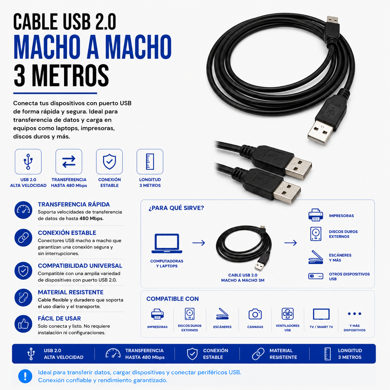 Cable USB 2.0 Macho a Macho – 3 Metros
