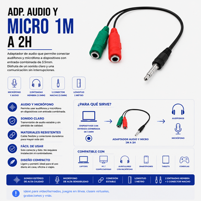 Adaptador de Audio y Micrófono 3.5 mm 1 Macho a 2 Hembras