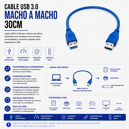 Cable USB 3.0 Macho a Macho – 30 cm