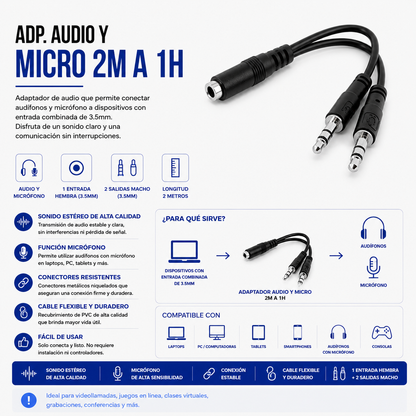 Adaptador de Audio y Micrófono 2 Machos a 1 Hembra 3.5 mm