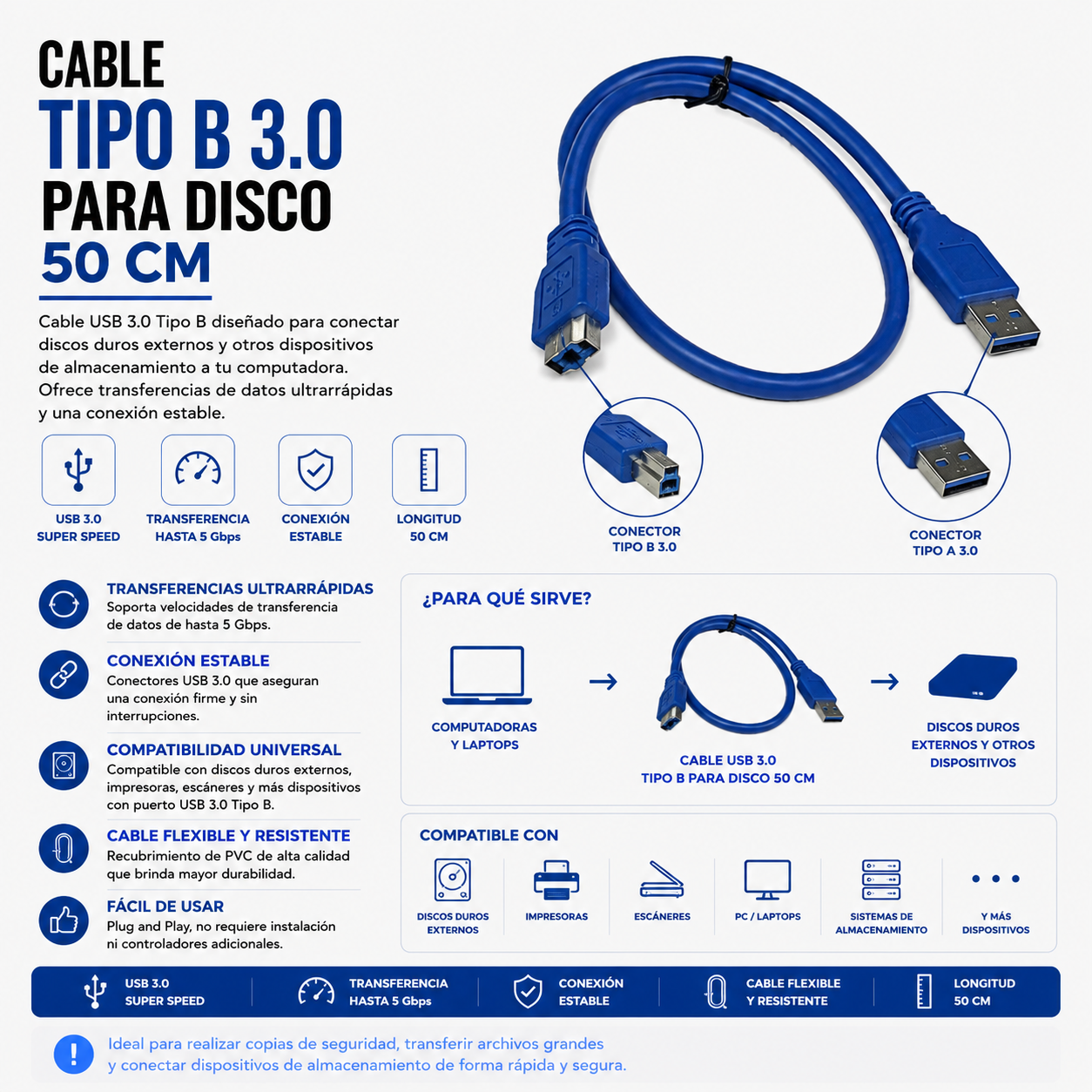 Cable USB 3.0 Tipo-A a Tipo-B para Disco Duro Externo – 50 cm