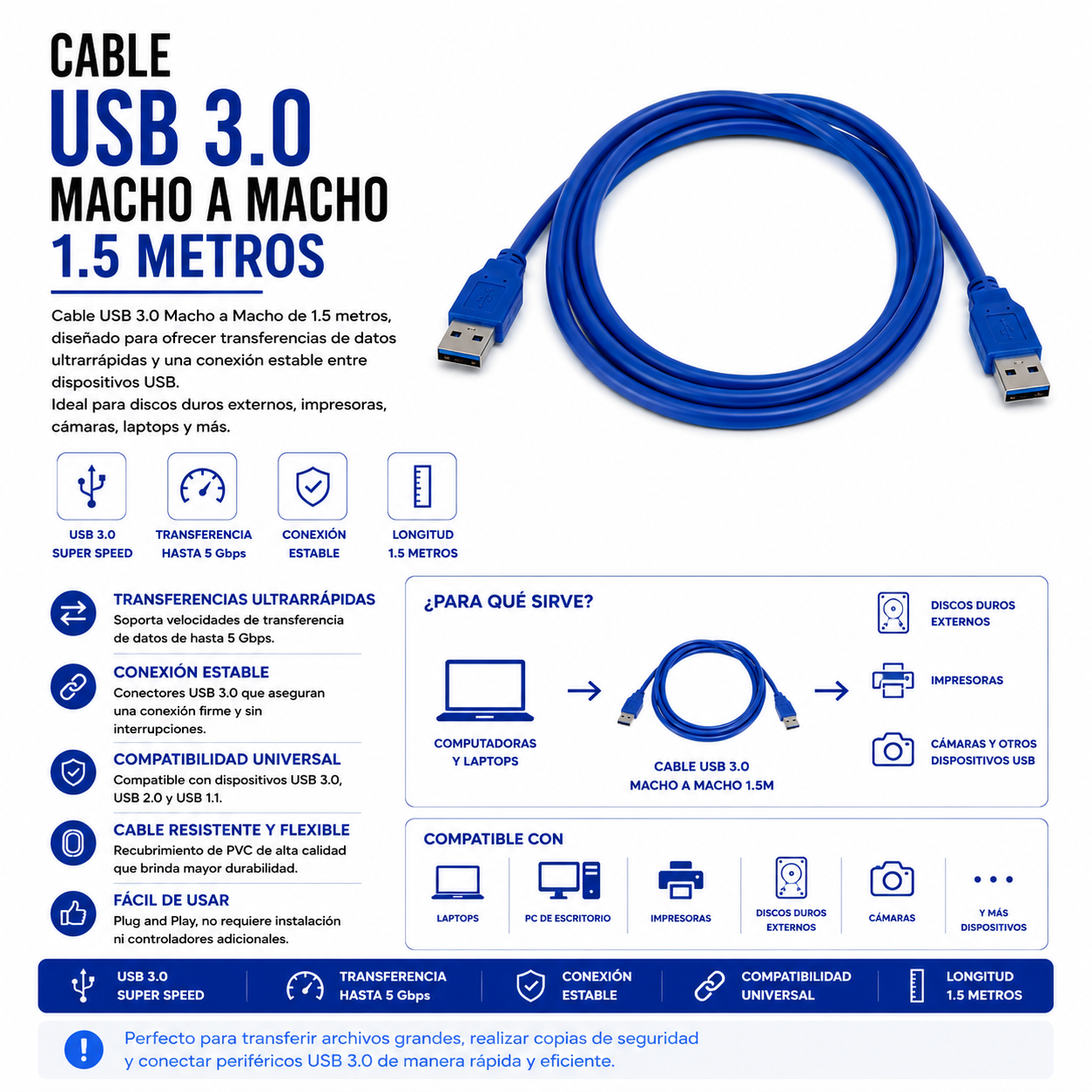 Cable USB 3.0 Macho a Macho – 1.5 Metros