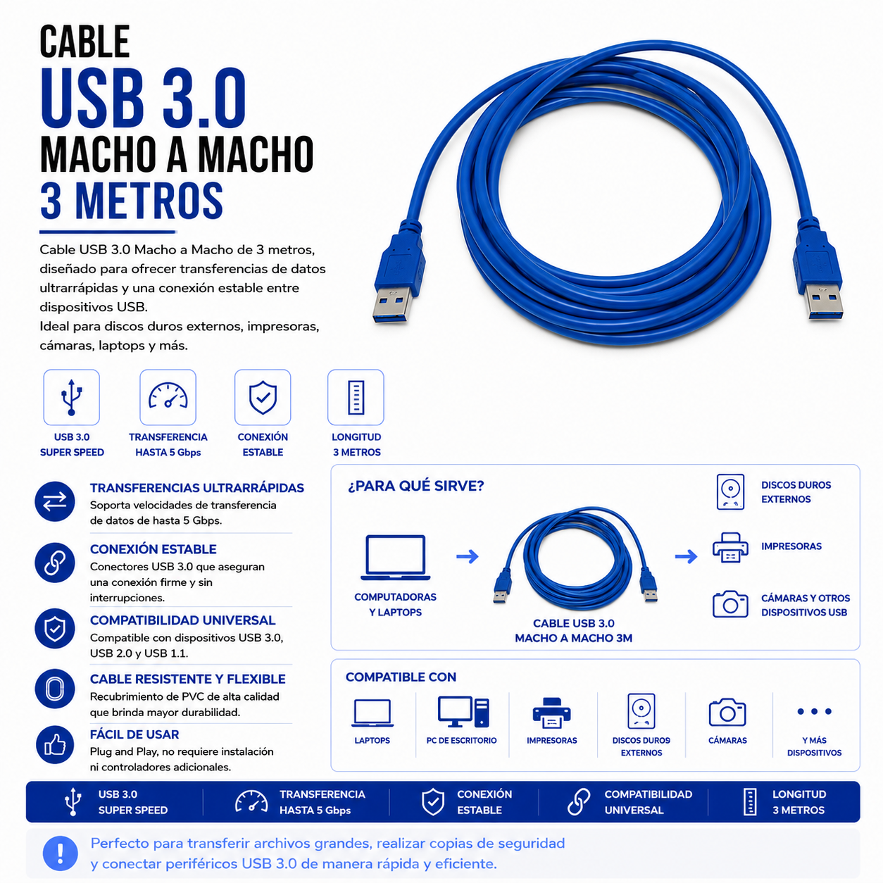 Cable USB 3.0 Macho a Macho – 3 Metros