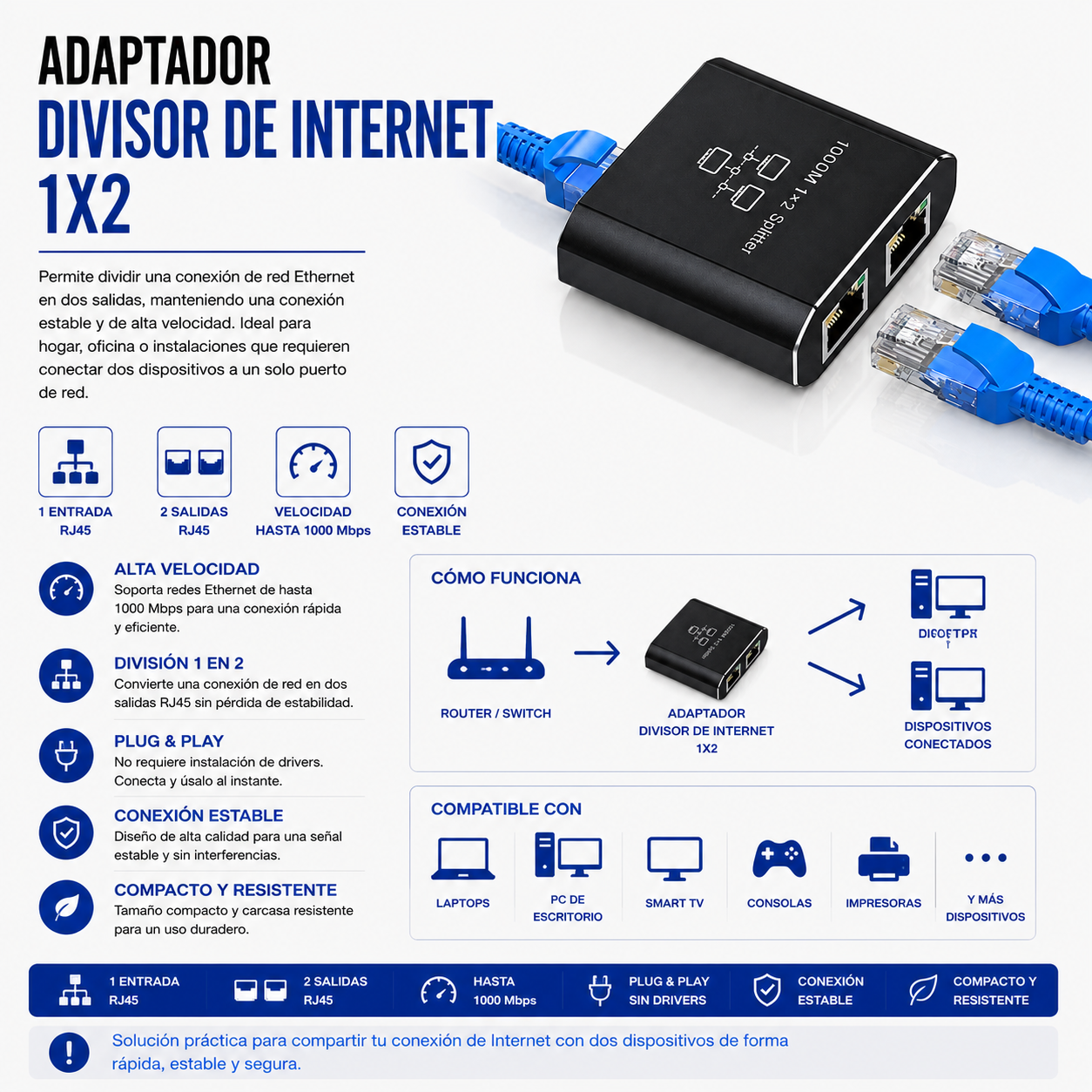 Adaptador Divisor de Internet RJ45 1x2