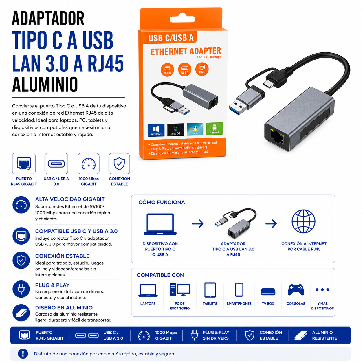 Adaptador USB Tipo-C / USB 3.0 a LAN RJ45 Gigabit de Aluminio