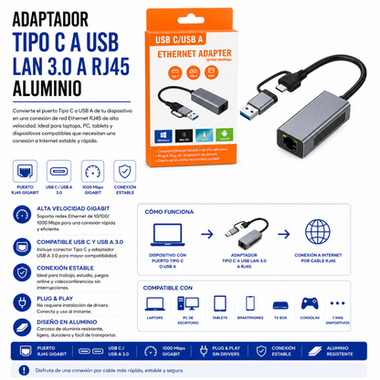 Adaptador USB Tipo-C / USB 3.0 a LAN RJ45 Gigabit de Aluminio