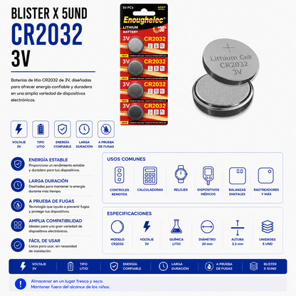 Batería de Litio CR2032 3V – Blíster x 5 Unidades
