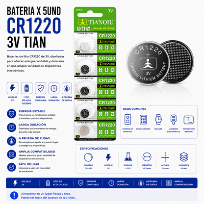 Batería de Litio CR1220 3V – Blíster x 5 Unidades
