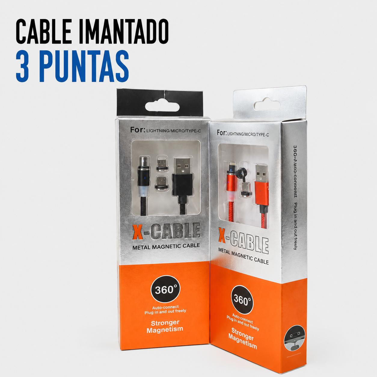 Cable Imantado 3 Puntas USB – Micro USB, USB Tipo-C y Lightning