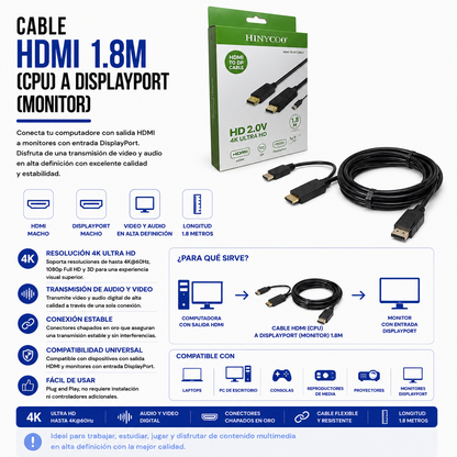 Cable HDMI a DisplayPort – 1.8 Metros (HDMI → DisplayPort)
