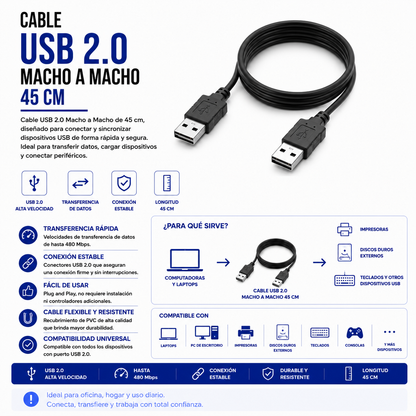 Cable USB 2.0 Macho a Macho – 45 cm