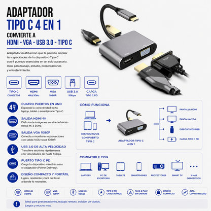 Adaptador USB Tipo-C 4 en 1 – HDMI, VGA, USB 3.0 y USB Tipo-C