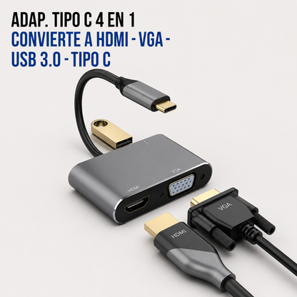 Adaptador USB Tipo-C 4 en 1 – HDMI, VGA, USB 3.0 y USB Tipo-C