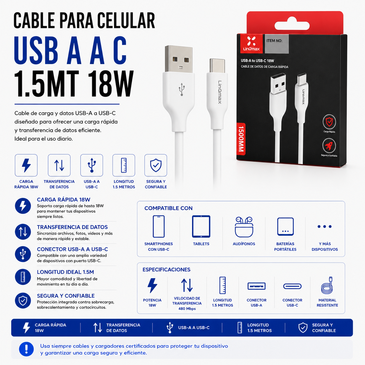 Cable para Celular USB a USB Tipo-C 1.5 Metros 18W