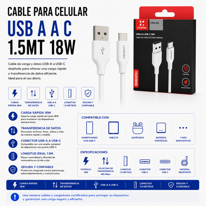 Cable para Celular USB a USB Tipo-C 1.5 Metros 18W