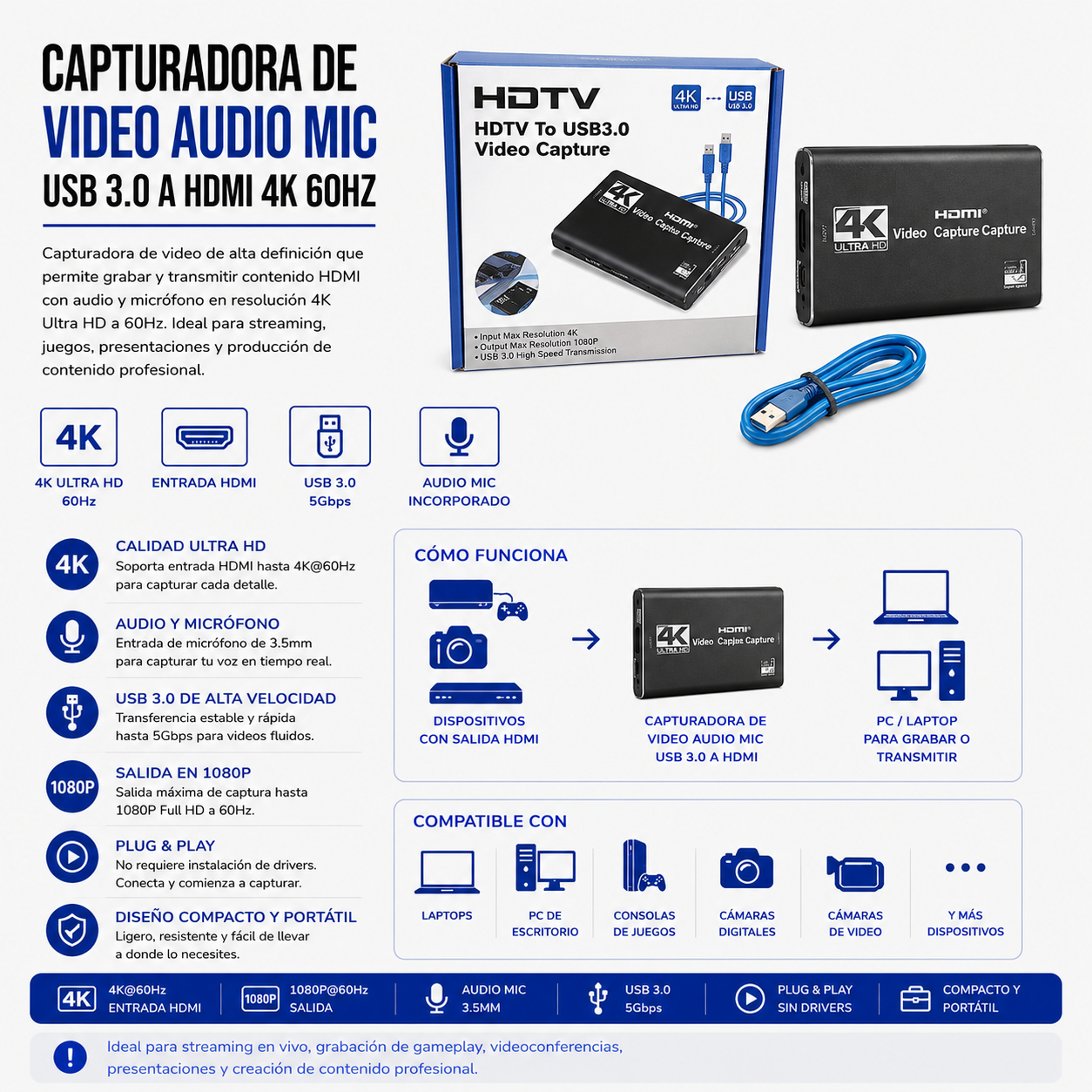 Capturadora de Video HDMI a USB 3.0 4K UHD con Entrada de Micrófono