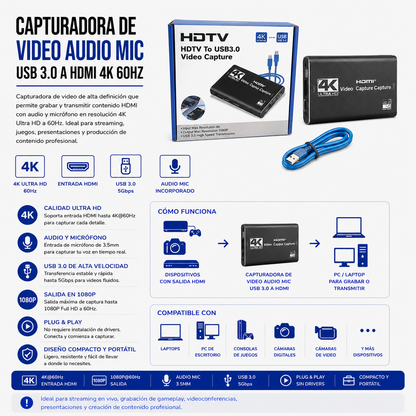 Capturadora de Video HDMI a USB 3.0 4K UHD con Entrada de Micrófono