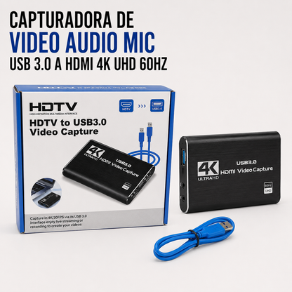 Capturadora de Video HDMI a USB 3.0 4K UHD con Entrada de Micrófono