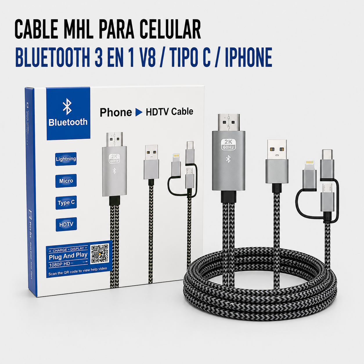 Cable MHL para Celular 3 en 1 – Micro USB, USB Tipo-C y Lightning a HDMI