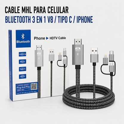 Cable MHL para Celular 3 en 1 – Micro USB, USB Tipo-C y Lightning a HDMI