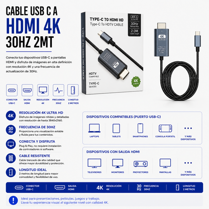 Cable USB Tipo-C a HDMI 4K 30Hz – 2 Metros