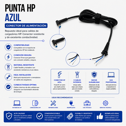 Cable de Repuesto con Punta HP Azul para Cargador de Laptop