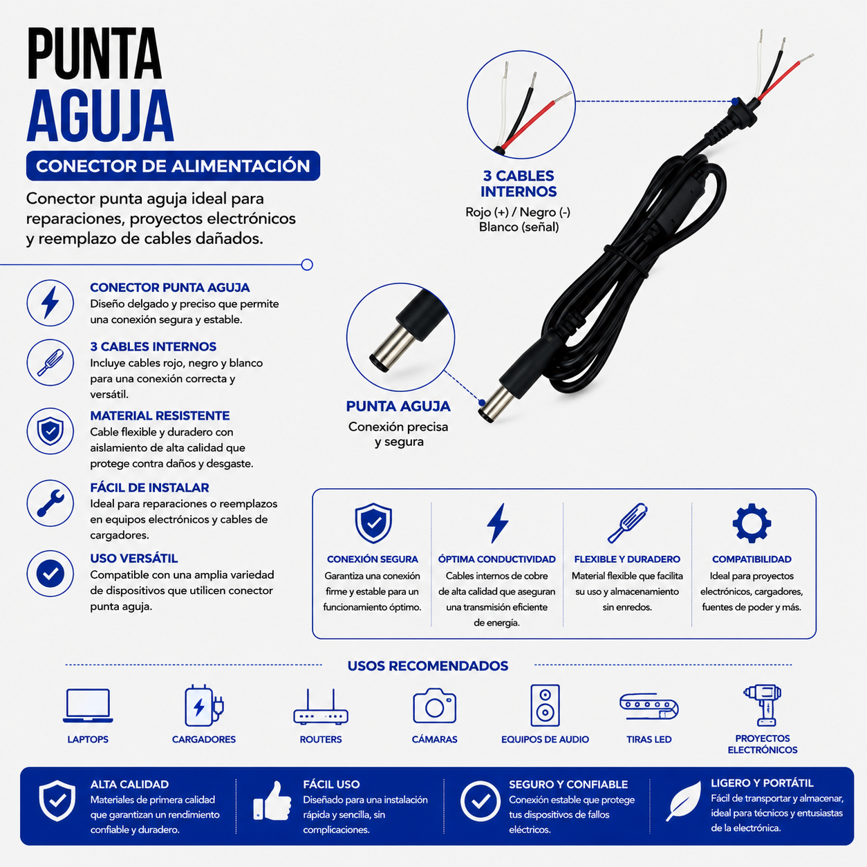 Cable de Repuesto con Punta Aguja para Cargador de Laptop