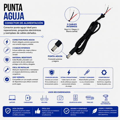Cable de Repuesto con Punta Aguja para Cargador de Laptop
