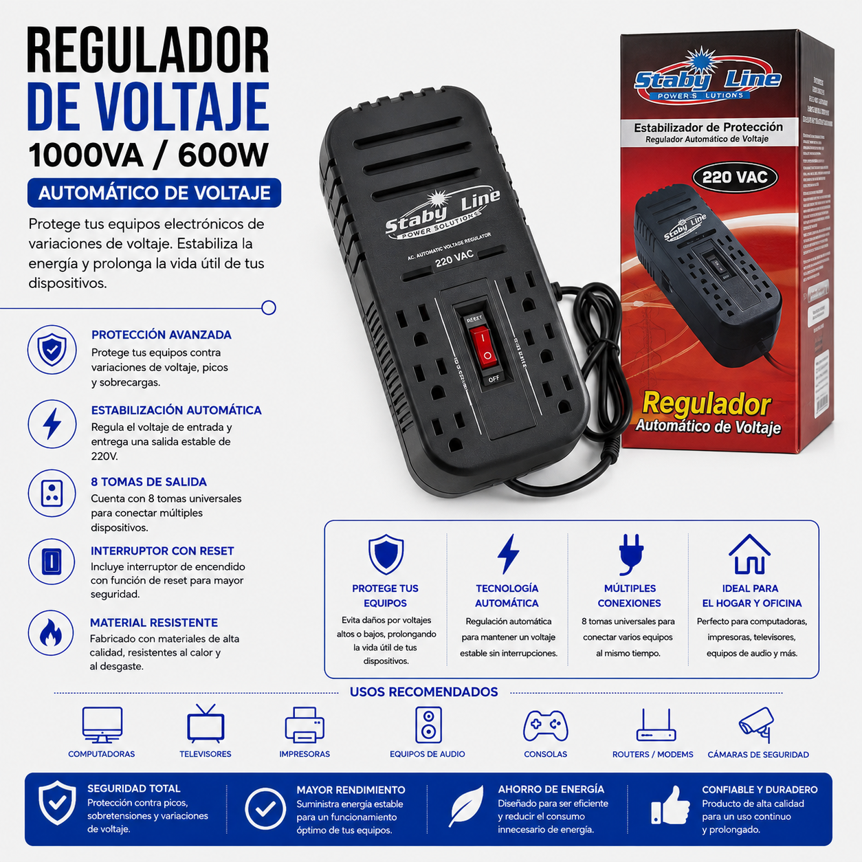 Regulador de Voltaje 1000VA / 600W – 8 Tomas – BLH-RL2