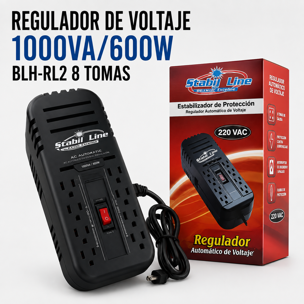 Regulador de Voltaje 1000VA / 600W – 8 Tomas – BLH-RL2