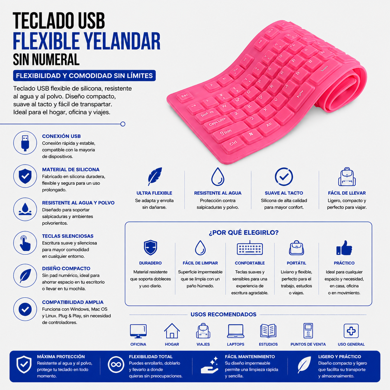 Teclado USB Flexible Yelandar GK85 – Silicona, Compacto y Resistente al Agua