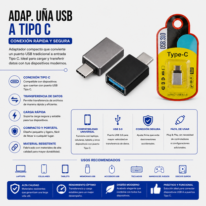 Adaptador USB Hembra a USB Tipo-C Macho (OTG)