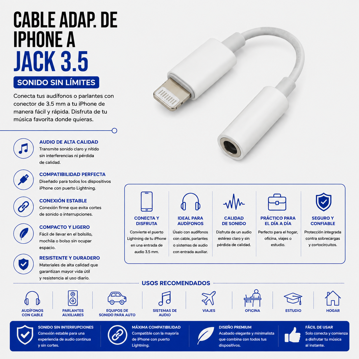 Cable Adaptador Lightning (iPhone) a Jack 3.5 mm