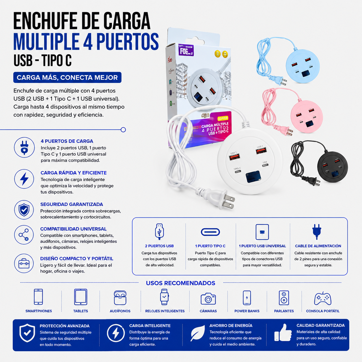 Enchufe de Carga Múltiple – 4 Puertos USB + USB Tipo-C