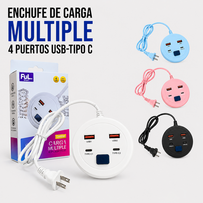 Enchufe de Carga Múltiple – 4 Puertos USB + USB Tipo-C