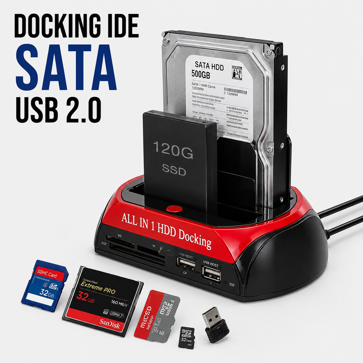 Docking Station SATA USB 2.0 para HDD/SSD – Lector de Tarjetas Todo en Uno