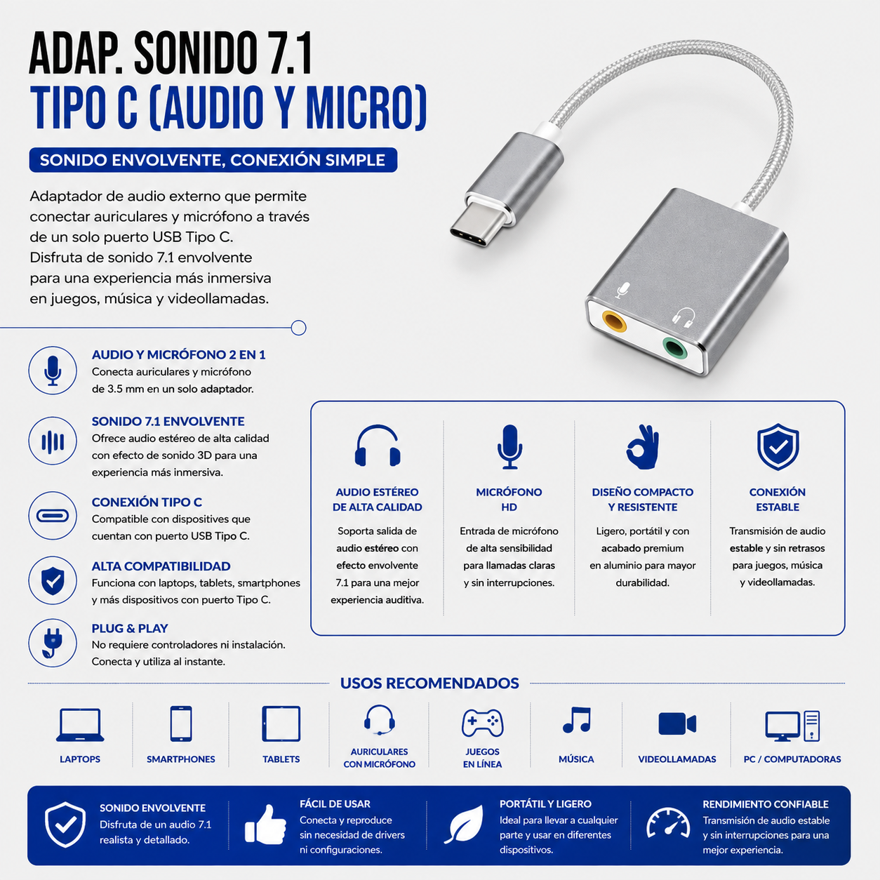 Adaptador de Audio USB Tipo-C a Jack 3.5 mm – Audio y Micrófono (7.1)