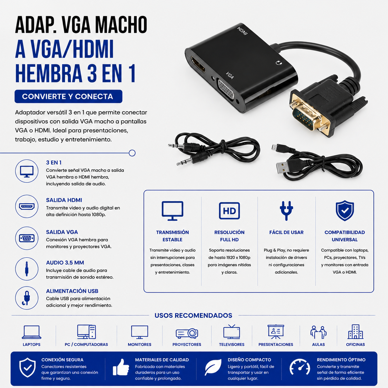 Adaptador VGA Macho a HDMI / VGA Hembra 3 en 1 con Audio